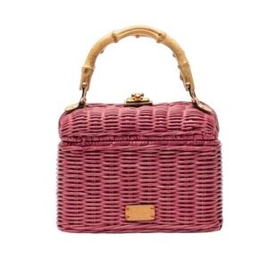 Frances Valentine Hannah Woven Wicker Lunchbox Pink Gold Bag